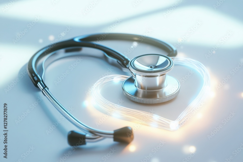 Stainless Steel Stethoscope on a White Background with Soft Shadows and Depth q2, Stainless Steel Stethoscope on a White Background with Soft Shadows and Depth q2,