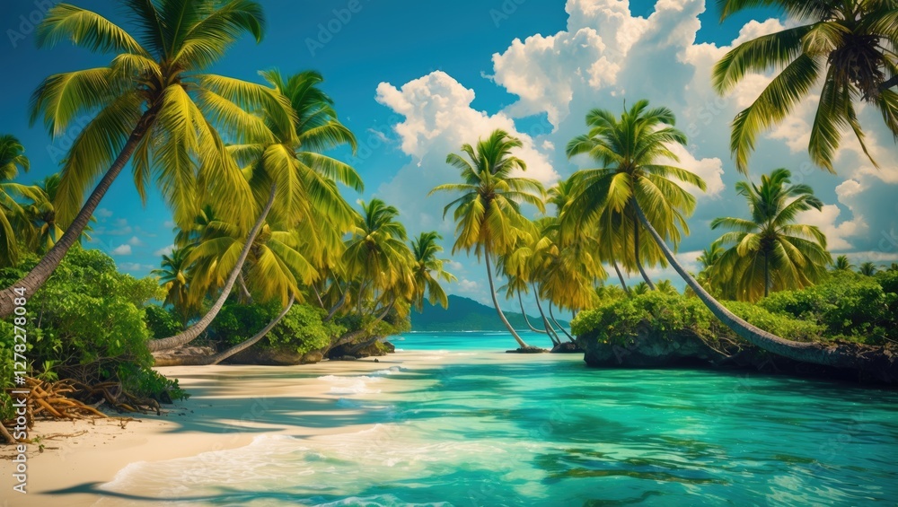 Fototapeta premium Tropical Paradise with Coconut Palm Trees and Crystal Clear Waters Ideal for Background Design and Text Space