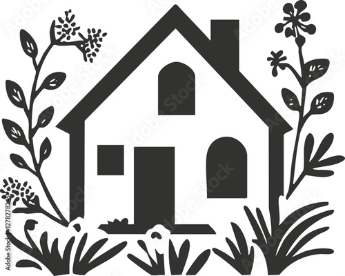 Silhouette of a house with surrounding botanical elements and plants.