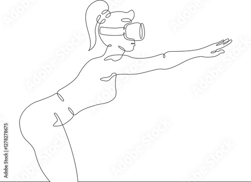 Continuous one line drawing woman in virtual reality. Girl in VR headset. High technology.