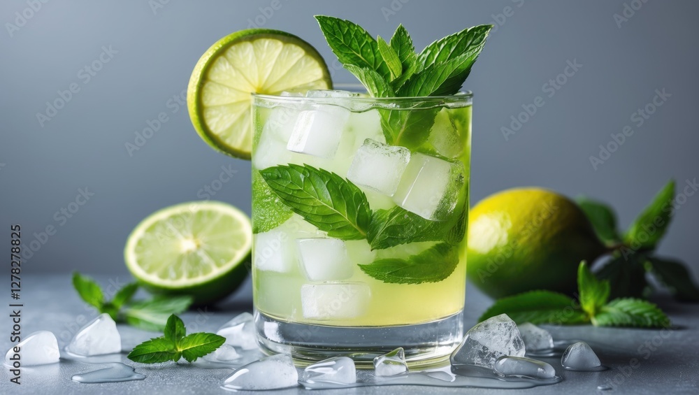 Refreshing Mojito Cocktail with Ice, Mint, and Lime on Grey Background Perfect for Summer Beverage Promotion. Refreshing Mojito Cocktail with Ice, Mint, and Lime on Grey Background Perfect for Summer Beverage Promotion.