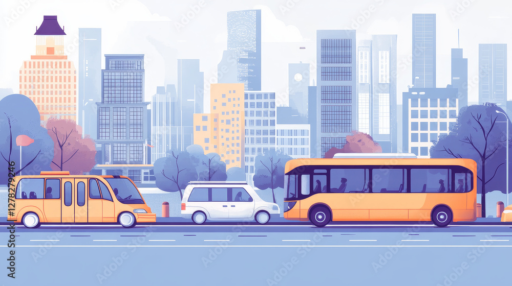 Obraz premium Banner with isometric transport, bus, mini van and car. Vector flat illustration of public passenger vehicles and automobiles. Concept of transportation, city traffic, taxi and travel