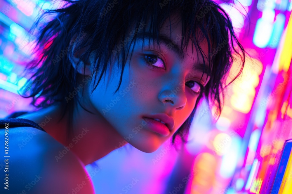 Fototapeta premium Young individual with short dark hair poses next to vibrant neon lights in a bustling urban setting during the evening hours