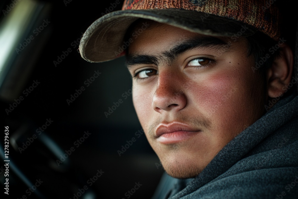 Young man with a thoughtful expression looks out from a vehicle in a rural setting during daylight Young man with a thoughtful expression looks out from a vehicle in a rural setting during daylight