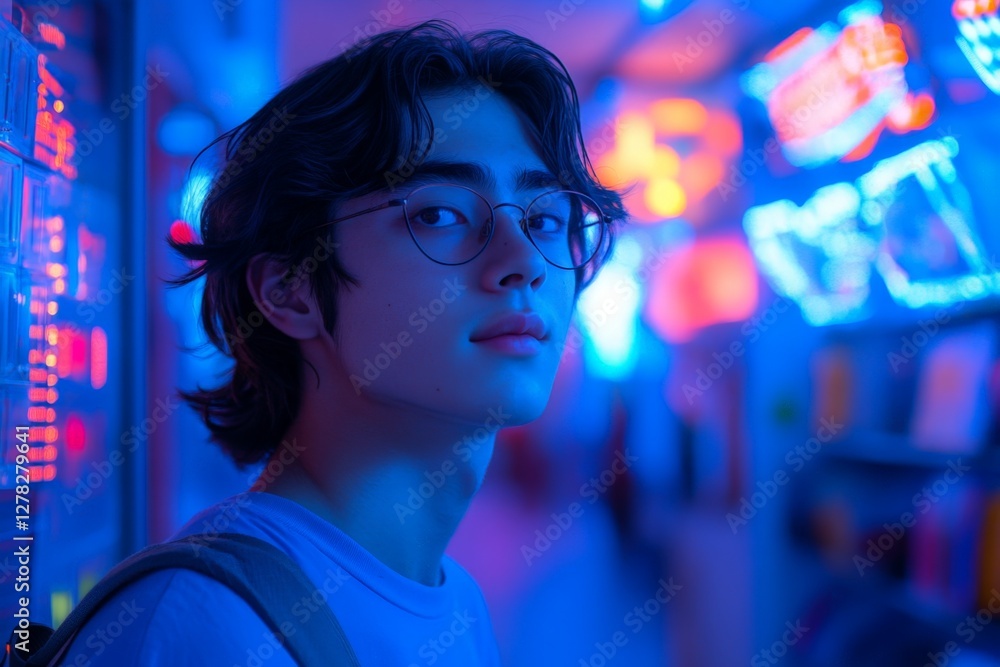 Young man standing in a neon-lit corridor with colorful lights reflecting on his face during evening hours Young man standing in a neon-lit corridor with colorful lights reflecting on his face during evening hours