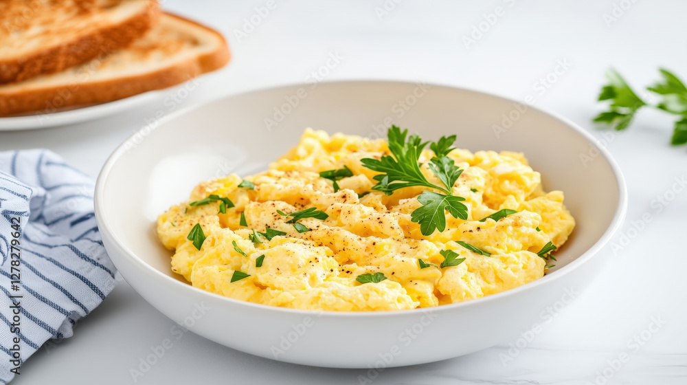 Fluffy scrambled eggs served with toast and herbs Fluffy scrambled eggs served with toast and herbs