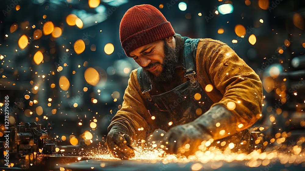 Worker grinding steel with sparks flying, showcasing precision and craftsmanship in industrial labor. Worker grinding steel with sparks flying, showcasing precision and craftsmanship in industrial labor.