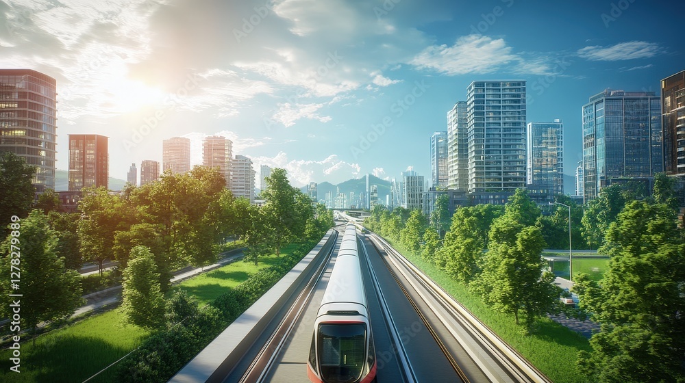 Fototapeta premium A city implementing a comprehensive public transportation system to reduce car usage, thereby lowering the overall carbon footprint of the population while promoting sustainable travel options.