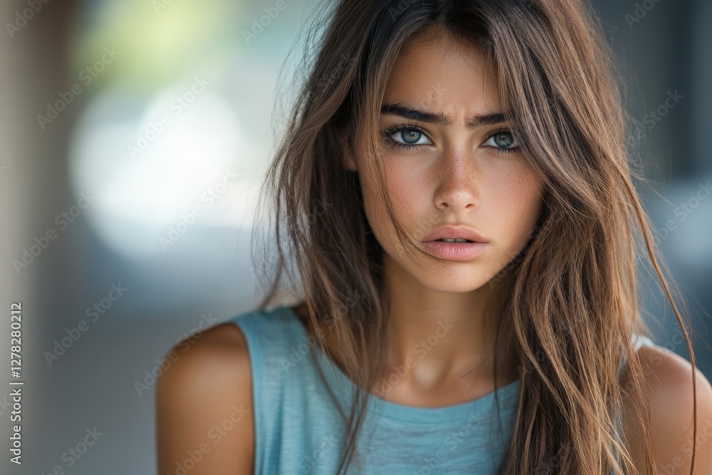 Young woman with long hair and striking blue eyes gazes intensely, showcasing natural beauty in a soft light Young woman with long hair and striking blue eyes gazes intensely, showcasing natural beauty in a soft light