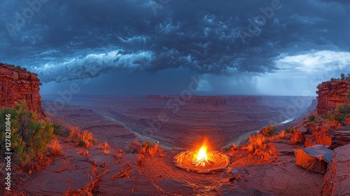Dramatic sunset over canyon landscape with a campfire and tent under a stormy sky.  Perfect for adventure, travel, and nature themes.
