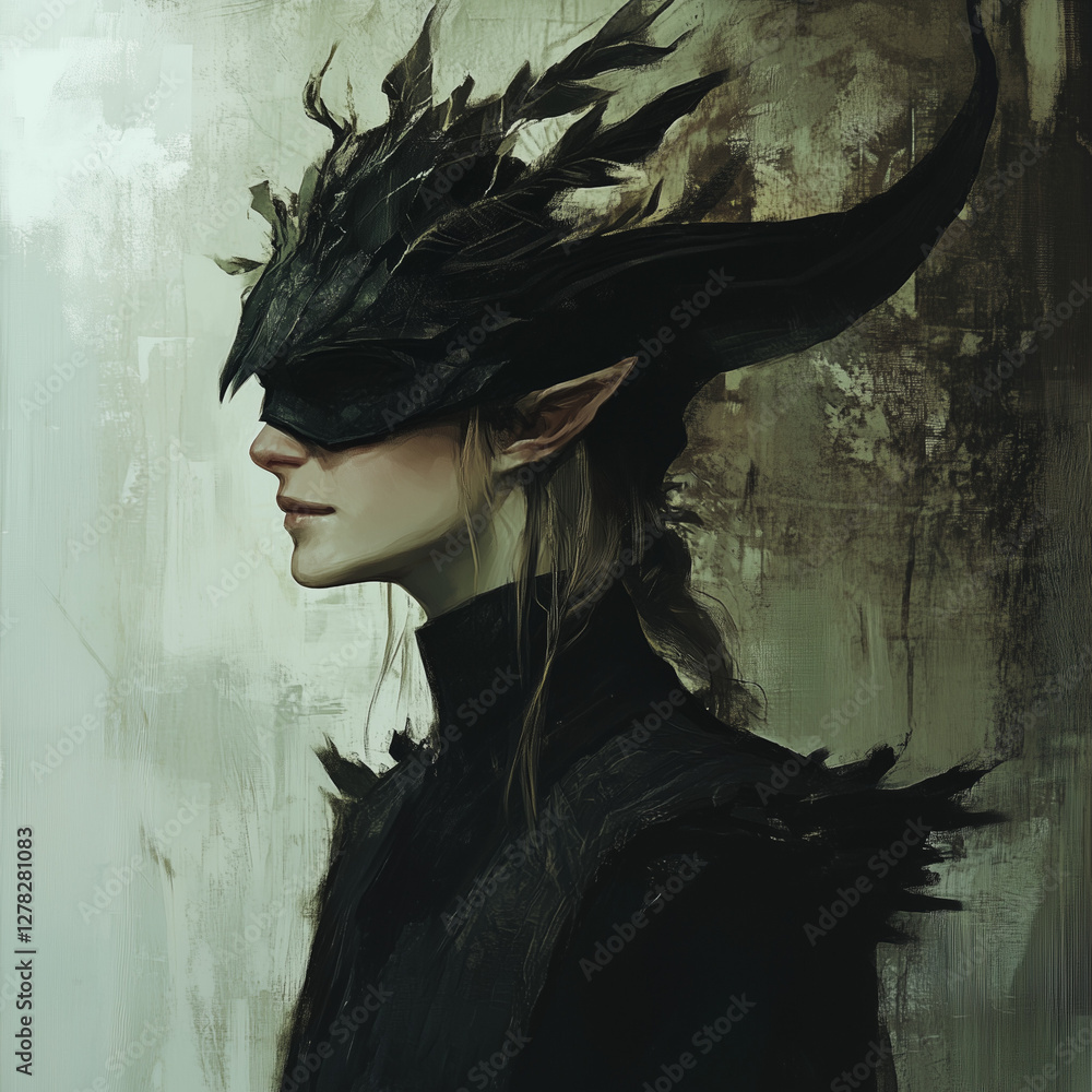 Fototapeta premium Dark Fantasy Warrior with Raven Mask: A mysterious figure in a black feathered mask and dark armor.