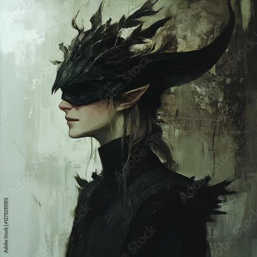 Fototapeta samoprzylepna Dark Fantasy Warrior with Raven Mask: A mysterious figure in a black feathered mask and dark armor.