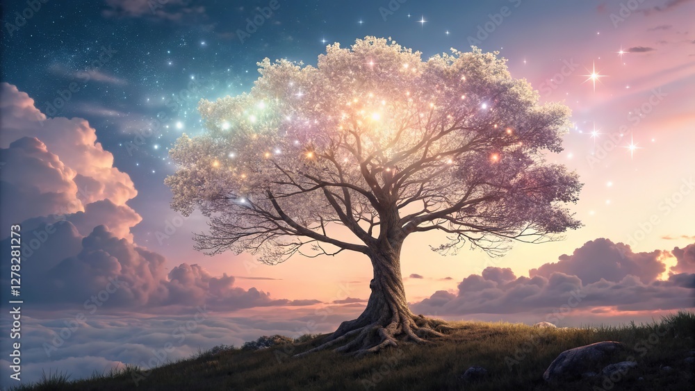 Beautiful Tree of Life Shining and Glowing. Fantasy Life Tree at the Epic Sky Background. Generative AI. Beautiful Tree of Life Shining and Glowing. Fantasy Life Tree at the Epic Sky Background. Generative AI.