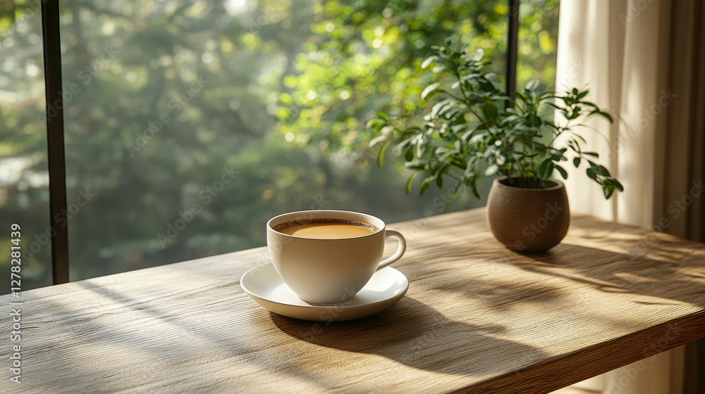 Morning Serenity: Coffee Break with a Green View, Relaxing moment Morning Serenity: Coffee Break with a Green View, Relaxing moment