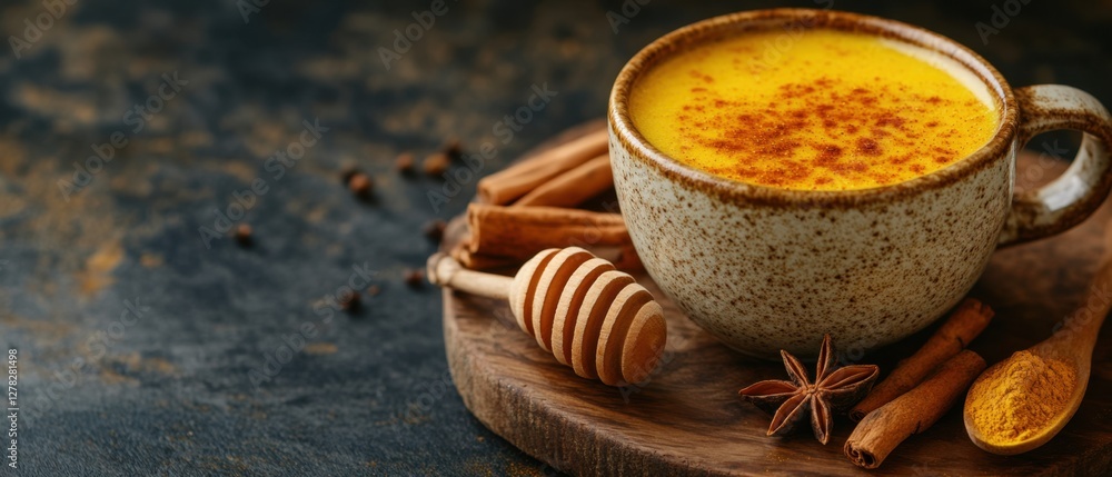 Golden milk latte with turmeric and cinnamon on wooden board for healthy lifestyle and wellness concept warm drink Golden milk latte with turmeric and cinnamon on wooden board for healthy lifestyle and wellness concept warm drink
