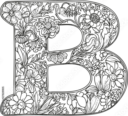 Ornate floral letter B with intricate black and white design.