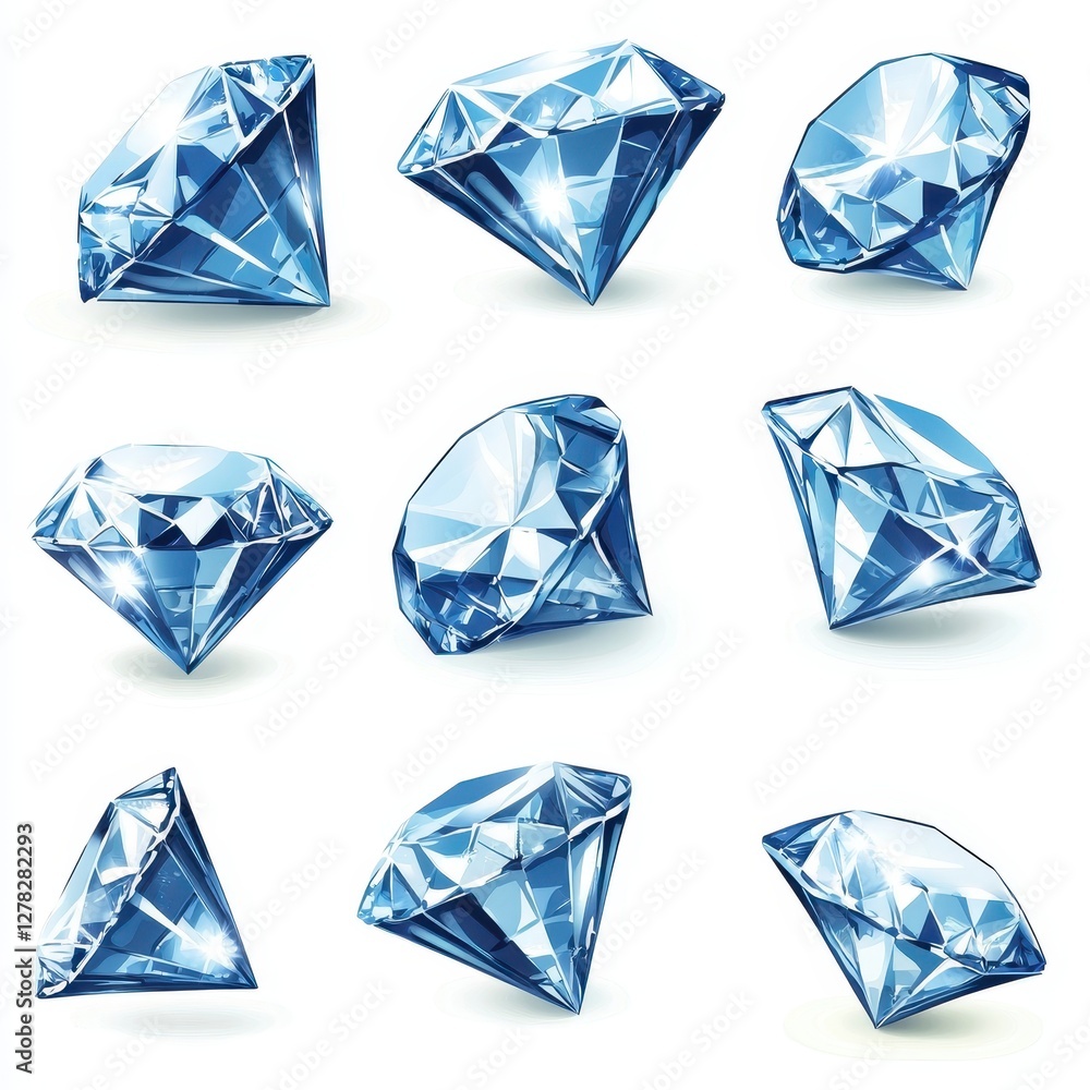 Various brilliant blue diamonds of different cuts and shapes arranged aesthetically on a white background Various brilliant blue diamonds of different cuts and shapes arranged aesthetically on a white background