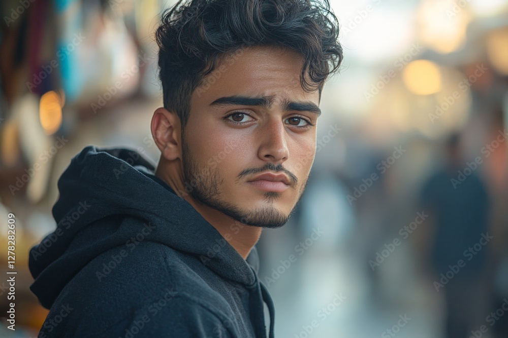 Fototapeta premium Young man gazes thoughtfully in a bustling market under warm sunlight in the late afternoon