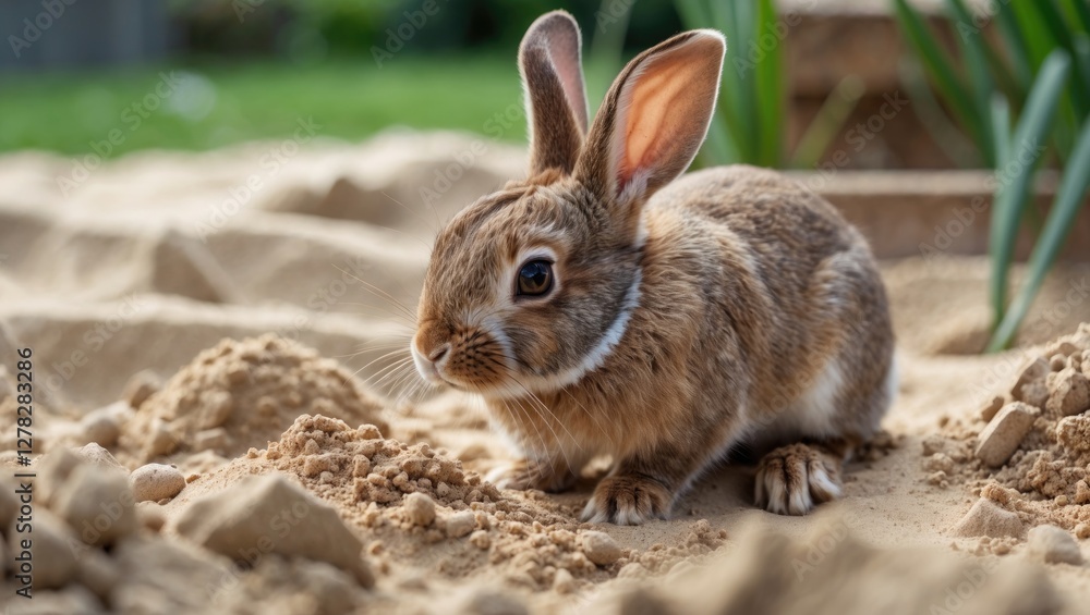 Adorable Bunny Rabbit Exploring Sandy Garden Environment in Close-Up Shot Adorable Bunny Rabbit Exploring Sandy Garden Environment in Close-Up Shot