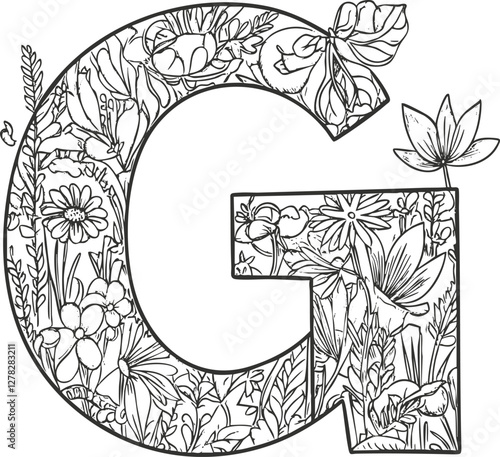 Intricate floral pattern forming the letter G with botanical elements.