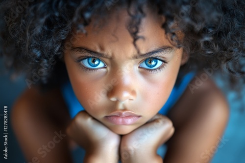 Wallpaper Mural Young child with curly hair and striking blue eyes shows emotion while resting chin on hands indoors Torontodigital.ca