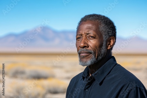 Elderly man in a black shirt standing confidently against a vast desert landscape with mountains in the background