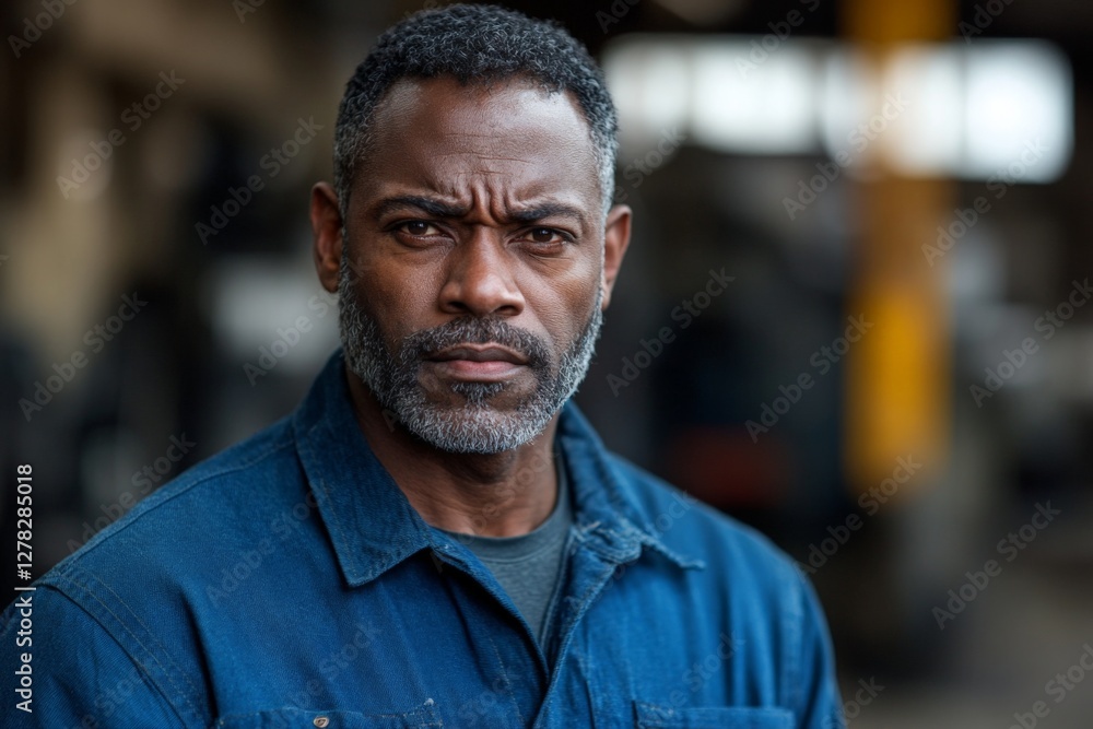 Fototapeta premium Strong, focused man in work attire stands in an industrial setting showcasing determination and professionalism