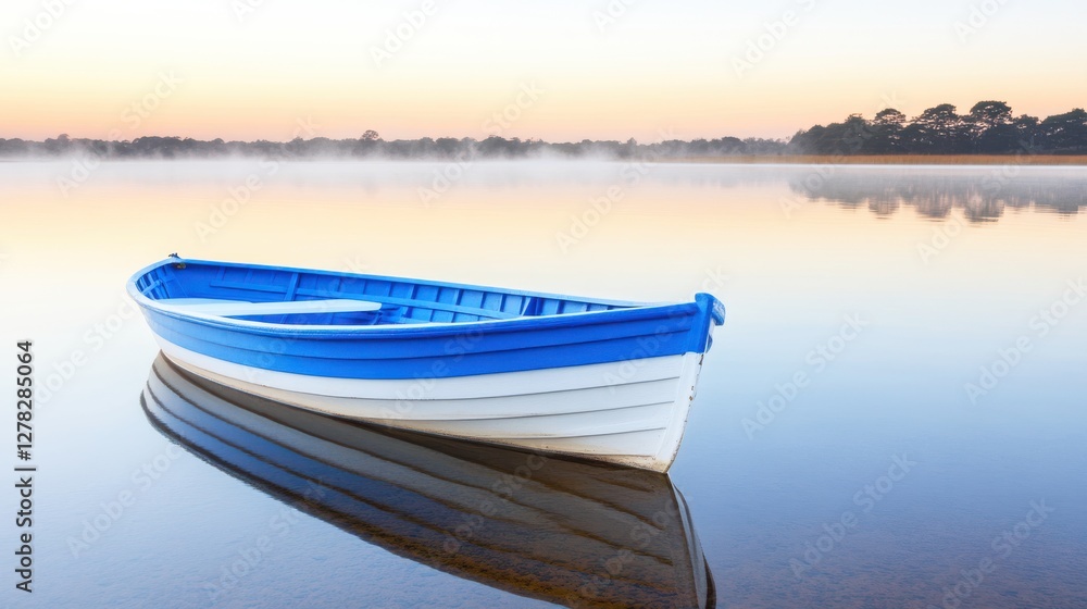 Naklejka premium A tranquil scene featuring a blue and white boat floating on calm waters at dawn, surrounded by mist and serene reflections.