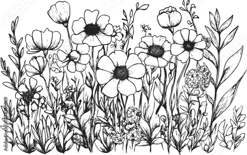 Black and white line art illustration of various wildflowers and plants.