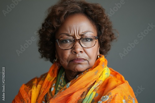 Mature woman with curly hair and glasses frowning while wearing an orange scarf against a neutral background photo