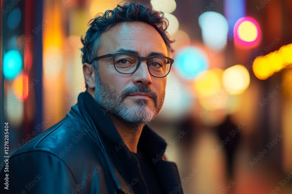 Man with glasses standing in a vibrant urban setting at night, with colorful lights creating a lively atmosphere Man with glasses standing in a vibrant urban setting at night, with colorful lights creating a lively atmosphere