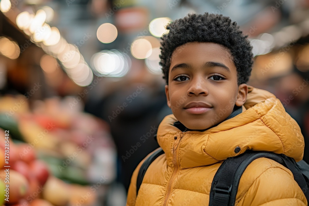 Young boy in a bright yellow jacket exploring a bustling market filled with fresh produce and vibrant colors Young boy in a bright yellow jacket exploring a bustling market filled with fresh produce and vibrant colors