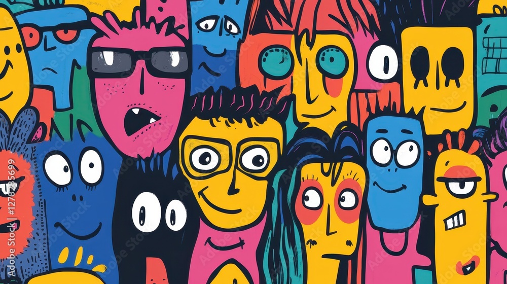 Colorful abstract illustration of diverse, cartoon-like faces exuding joy and personality, featuring vibrant shades of pink, blue, and yellow. Colorful abstract illustration of diverse, cartoon-like faces exuding joy and personality, featuring vibrant shades of pink, blue, and yellow.