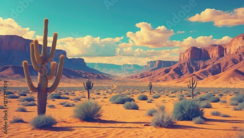 Vibrant Desert Landscape with Cacti and Dramatic Mountains Under Cloudy Sky Ideal for Text Placement and Nature Themes photo