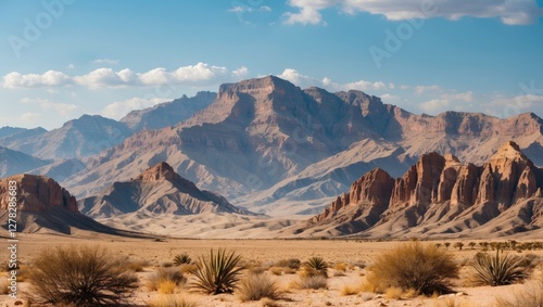 Desert Landscape with Majestic Mountains and Clear Blue Sky Ideal for Text Overlay and Nature Themes photo