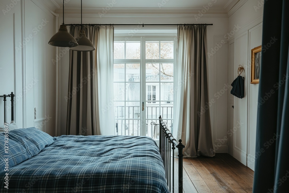 Serene Bedroom with French Doors and Metal Bed Frame Serene Bedroom with French Doors and Metal Bed Frame
