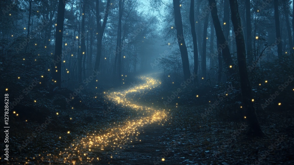 Fototapeta premium A magical scene of a misty forest at twilight, illuminated by glowing fireflies, creating a whimsical path through the trees.