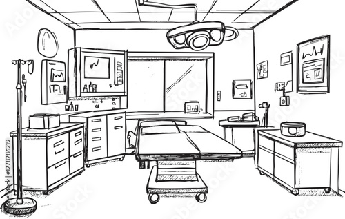 Black and white illustration of a hospital operating room with medical equipment.