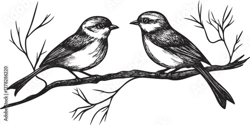 Monochrome sketch of two birds perched on a branch.