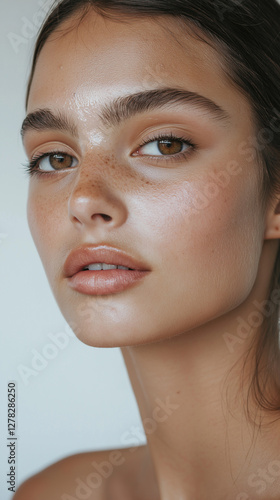 Seitliches Beauty-Portrait einer jungen Frau mit natürlichem Make-up. Die minimalistische Aufnahme betont die makellose Haut und ausdrucksstarken Augenbrauen photo