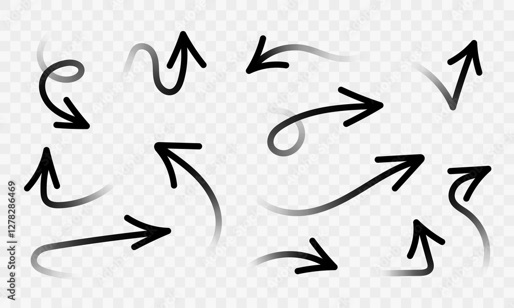 Set of doodle curve bold arrow marker. Pointer in different directions. Vector illustration. Set of doodle curve bold arrow marker. Pointer in different directions. Vector illustration.