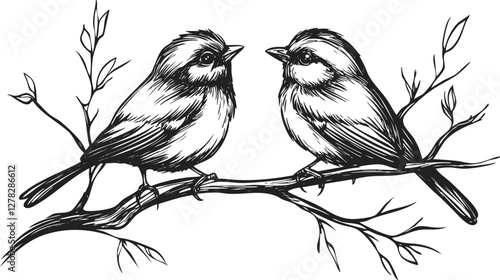 Two birds perched on a branch in a detailed black and white illustration.