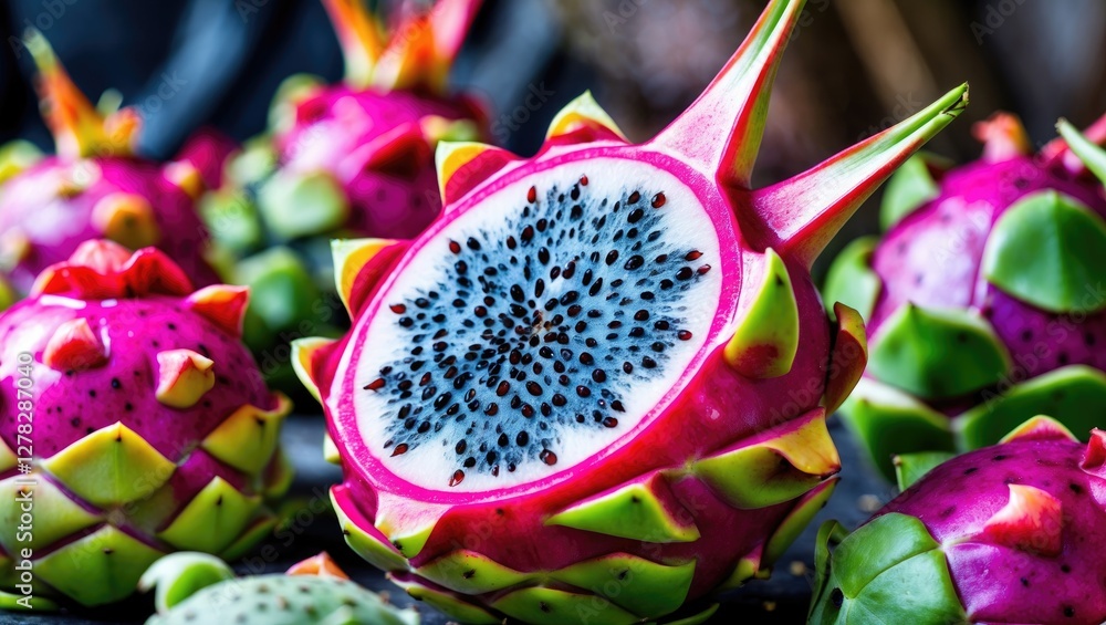 Vibrant dragon fruit sliced open showcasing its unique colors and textures among whole fruits on a dark background. Vibrant dragon fruit sliced open showcasing its unique colors and textures among whole fruits on a dark background.