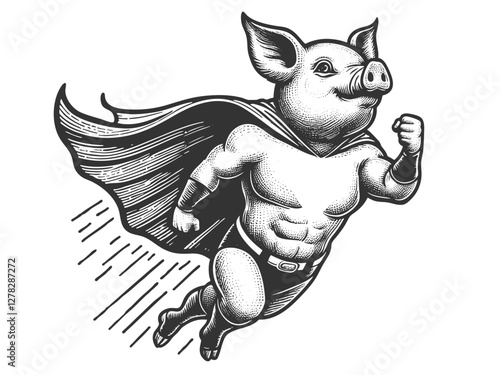 Flying Superhero Pig in Cape vector illustration