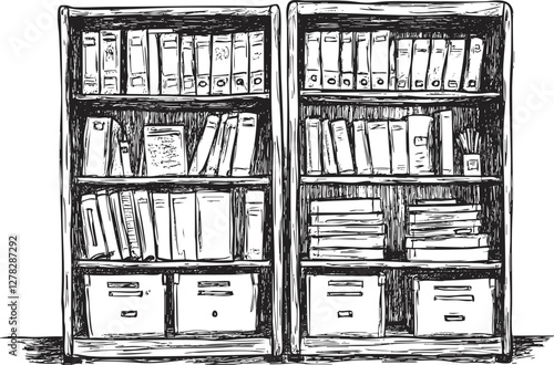 Hand-drawn sketch of a bookshelf filled with books and folders.