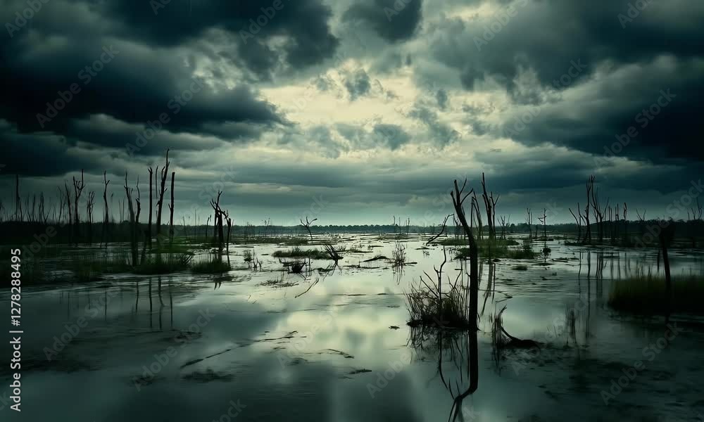Dark and moody landscape with dead trees reflecting in water under a stormy sky Dark and moody landscape with dead trees reflecting in water under a stormy sky
