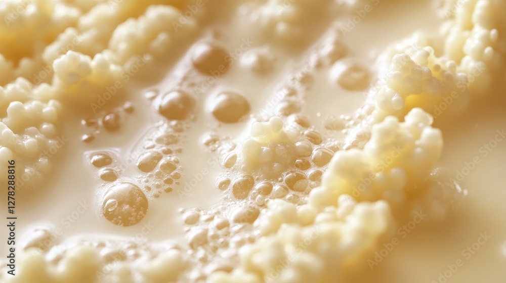 bubbling kefir fermentation, with the healthy grains of yeast and bacteria transforming the milk into a creamy probiotic drink. bubbling kefir fermentation, with the healthy grains of yeast and bacteria transforming the milk into a creamy probiotic drink.