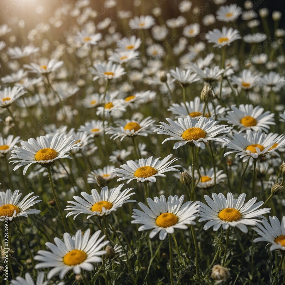 A gentle field of daisies with delicate petals swaying in a warm summer breeze, transparent background. A gentle field of daisies with delicate petals swaying in a warm summer breeze, transparent background.