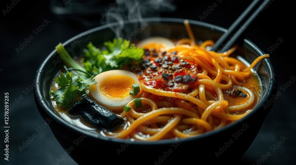 A steaming bowl of noodle soup filled with noodles, egg, herbs, and savory toppings on dark background. A steaming bowl of noodle soup filled with noodles, egg, herbs, and savory toppings on dark background.