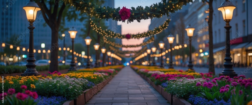 Fototapeta premium Evening cityscape featuring vibrant flower beds and illuminated street lamps adorned with garlands creating a festive atmosphere.